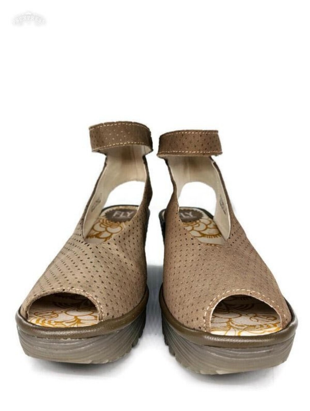 Fly London Yala Taupe Perforated Leather Ankle Strap Peep-Toe Wedge Heel Sandals - Picture 3 of 15
